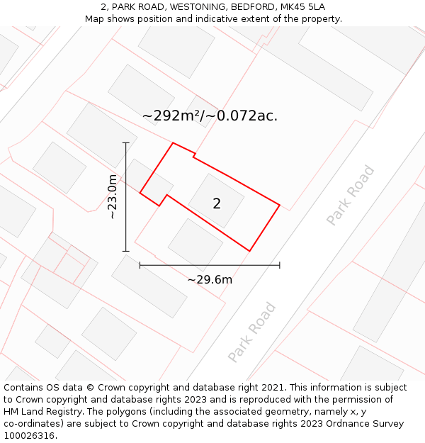 2, PARK ROAD, WESTONING, BEDFORD, MK45 5LA: Plot and title map