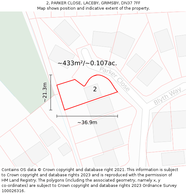 2, PARKER CLOSE, LACEBY, GRIMSBY, DN37 7FF: Plot and title map