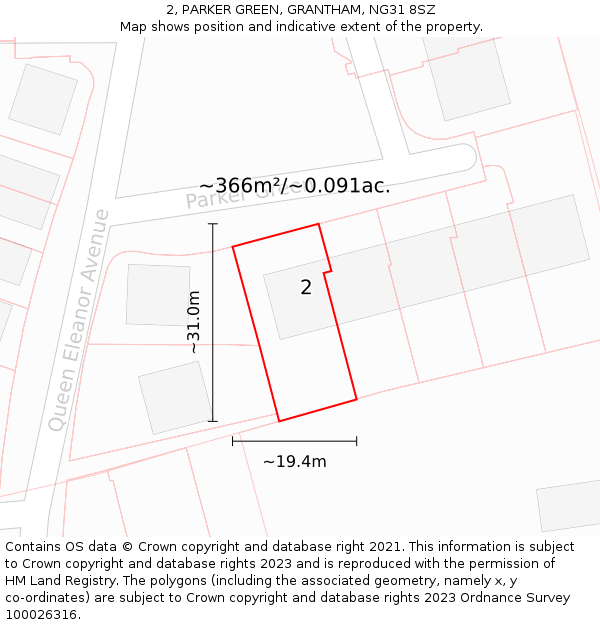 2, PARKER GREEN, GRANTHAM, NG31 8SZ: Plot and title map