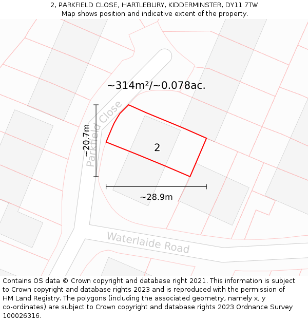 2, PARKFIELD CLOSE, HARTLEBURY, KIDDERMINSTER, DY11 7TW: Plot and title map