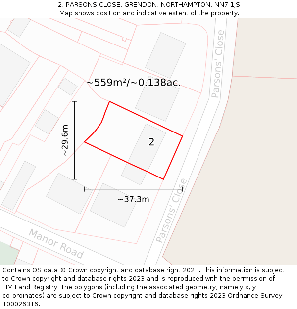 2, PARSONS CLOSE, GRENDON, NORTHAMPTON, NN7 1JS: Plot and title map
