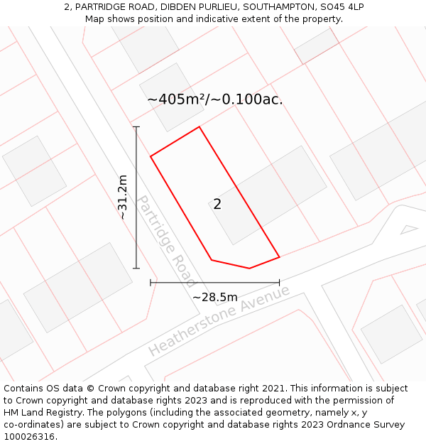 2, PARTRIDGE ROAD, DIBDEN PURLIEU, SOUTHAMPTON, SO45 4LP: Plot and title map