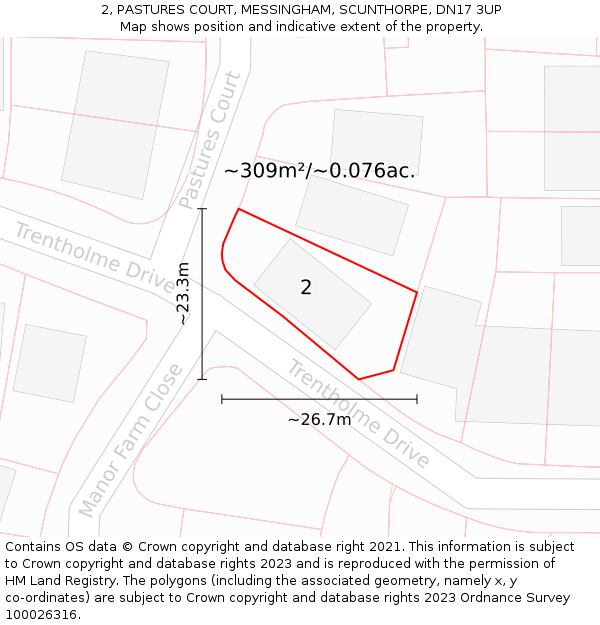 2, PASTURES COURT, MESSINGHAM, SCUNTHORPE, DN17 3UP: Plot and title map