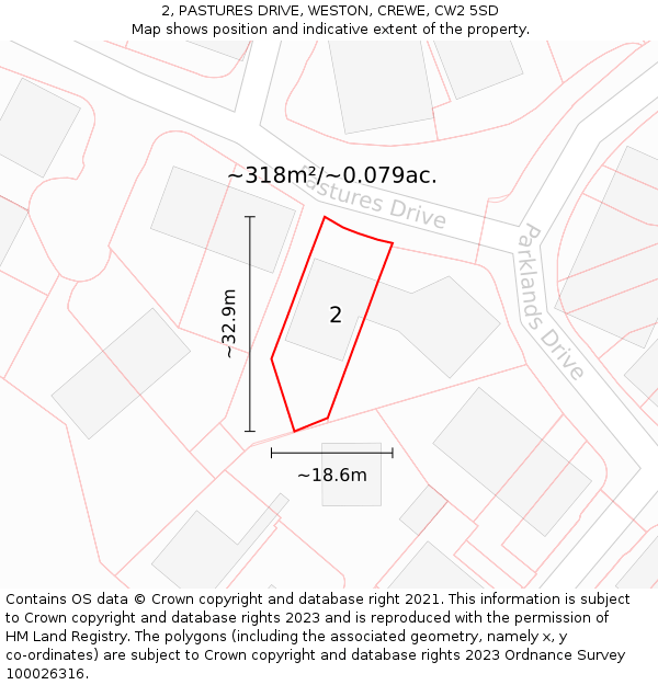 2, PASTURES DRIVE, WESTON, CREWE, CW2 5SD: Plot and title map