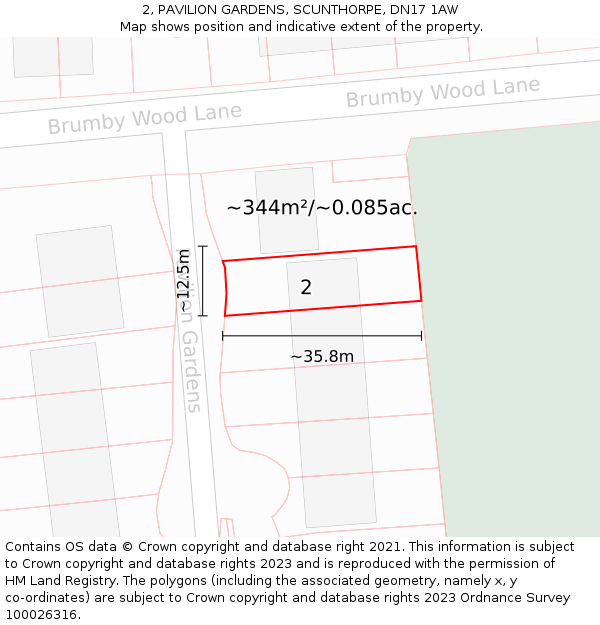2, PAVILION GARDENS, SCUNTHORPE, DN17 1AW: Plot and title map