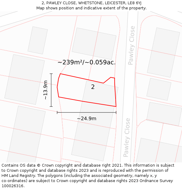 2, PAWLEY CLOSE, WHETSTONE, LEICESTER, LE8 6YJ: Plot and title map