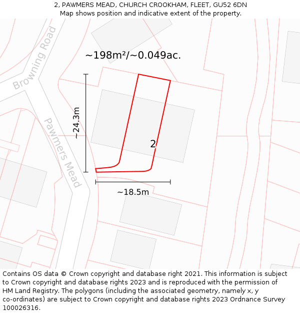 2, PAWMERS MEAD, CHURCH CROOKHAM, FLEET, GU52 6DN: Plot and title map