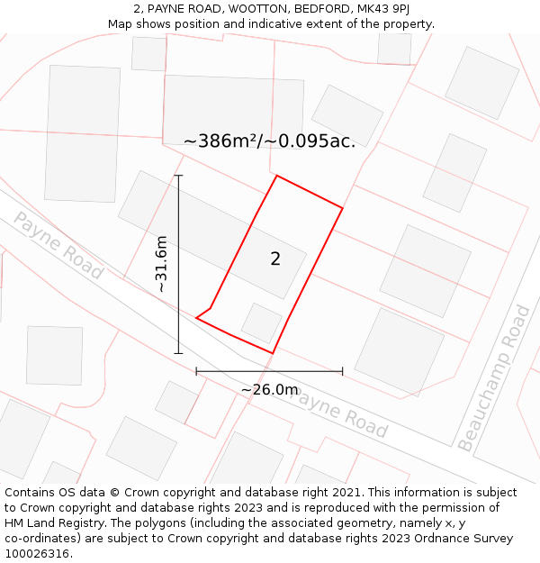 2, PAYNE ROAD, WOOTTON, BEDFORD, MK43 9PJ: Plot and title map