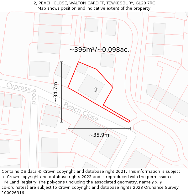 2, PEACH CLOSE, WALTON CARDIFF, TEWKESBURY, GL20 7RG: Plot and title map