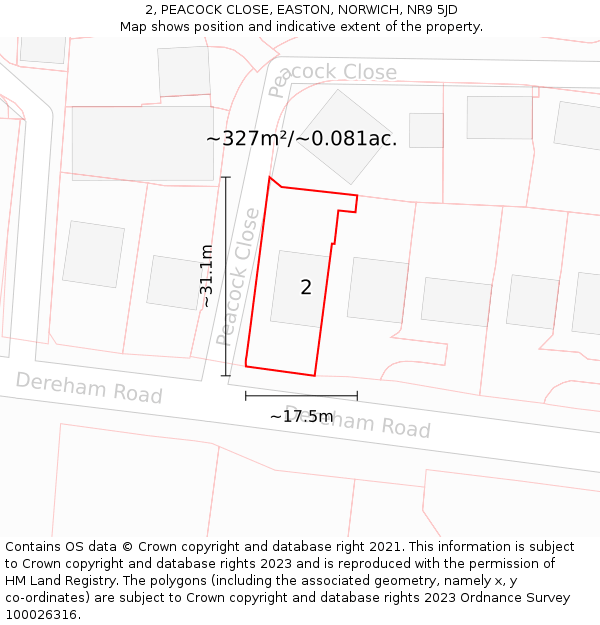 2, PEACOCK CLOSE, EASTON, NORWICH, NR9 5JD: Plot and title map
