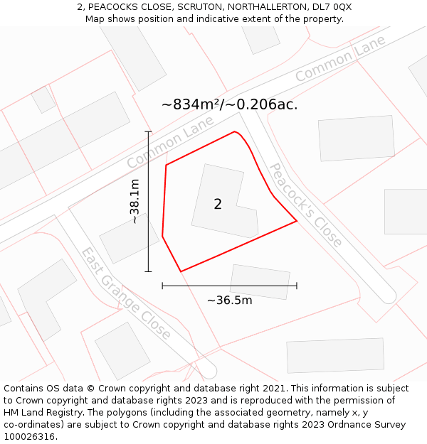2, PEACOCKS CLOSE, SCRUTON, NORTHALLERTON, DL7 0QX: Plot and title map