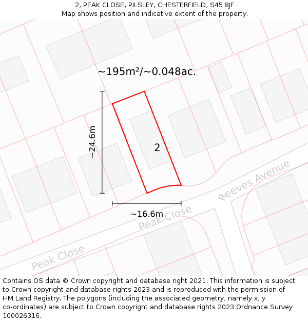 2, PEAK CLOSE, PILSLEY, CHESTERFIELD, S45 8JF: Plot and title map