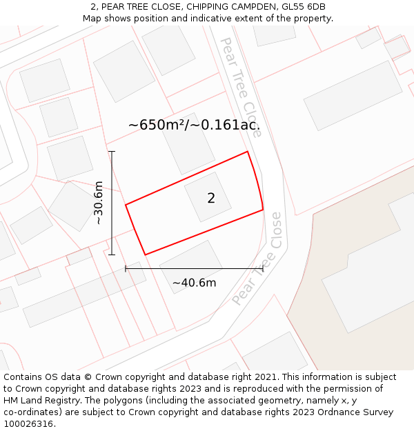 2, PEAR TREE CLOSE, CHIPPING CAMPDEN, GL55 6DB: Plot and title map