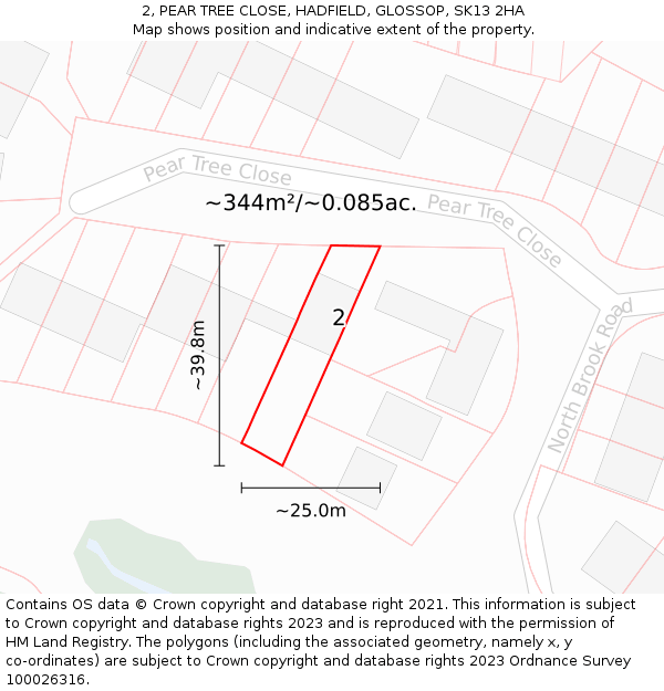 2, PEAR TREE CLOSE, HADFIELD, GLOSSOP, SK13 2HA: Plot and title map
