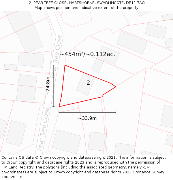 2, PEAR TREE CLOSE, HARTSHORNE, SWADLINCOTE, DE11 7AQ: Plot and title map