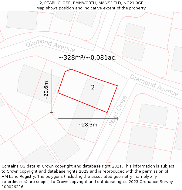 2, PEARL CLOSE, RAINWORTH, MANSFIELD, NG21 0GF: Plot and title map