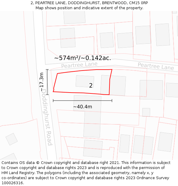 2, PEARTREE LANE, DODDINGHURST, BRENTWOOD, CM15 0RP: Plot and title map