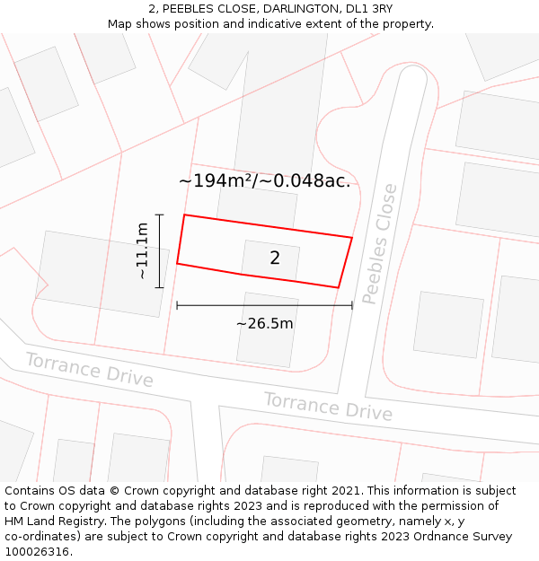 2, PEEBLES CLOSE, DARLINGTON, DL1 3RY: Plot and title map