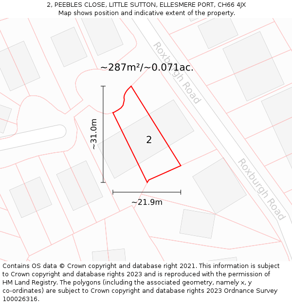 2, PEEBLES CLOSE, LITTLE SUTTON, ELLESMERE PORT, CH66 4JX: Plot and title map