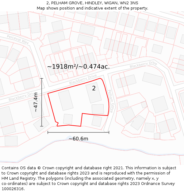 2, PELHAM GROVE, HINDLEY, WIGAN, WN2 3NS: Plot and title map