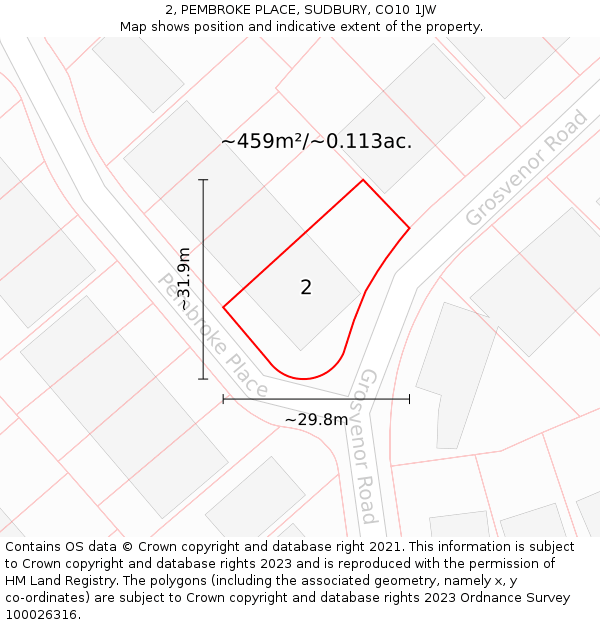 2, PEMBROKE PLACE, SUDBURY, CO10 1JW: Plot and title map