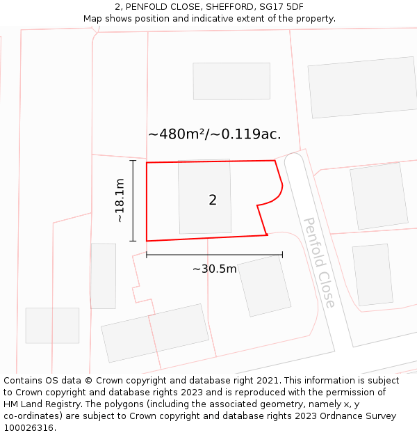 2, PENFOLD CLOSE, SHEFFORD, SG17 5DF: Plot and title map