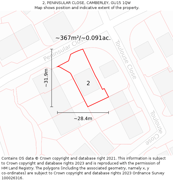 2, PENINSULAR CLOSE, CAMBERLEY, GU15 1QW: Plot and title map