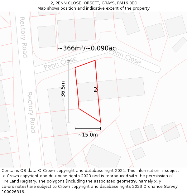 2, PENN CLOSE, ORSETT, GRAYS, RM16 3ED: Plot and title map