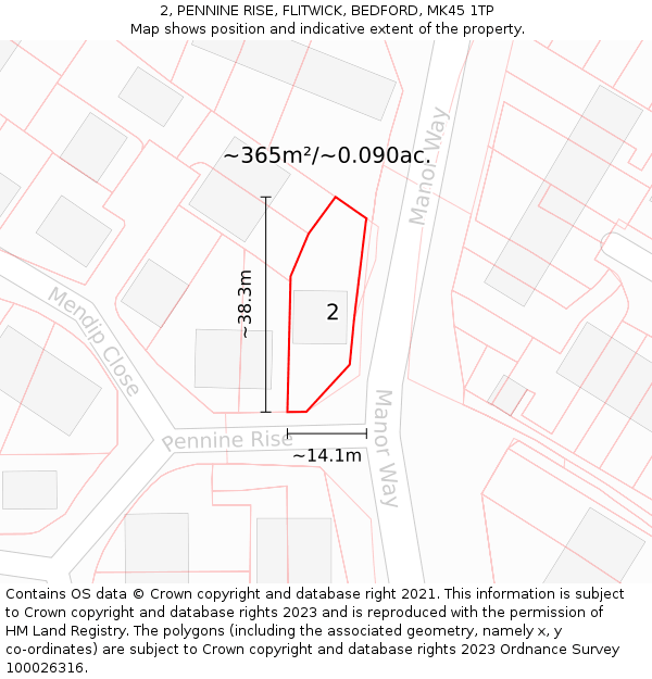 2, PENNINE RISE, FLITWICK, BEDFORD, MK45 1TP: Plot and title map