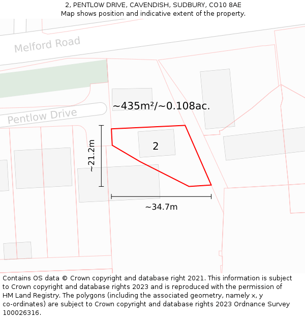 2, PENTLOW DRIVE, CAVENDISH, SUDBURY, CO10 8AE: Plot and title map