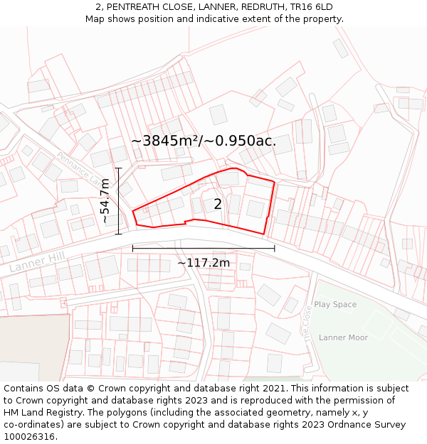2, PENTREATH CLOSE, LANNER, REDRUTH, TR16 6LD: Plot and title map