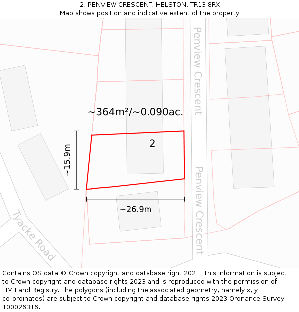 2, PENVIEW CRESCENT, HELSTON, TR13 8RX: Plot and title map