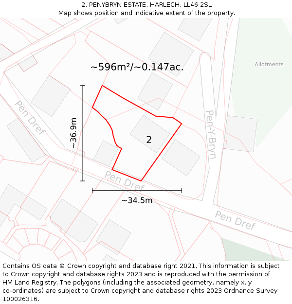 2, PENYBRYN ESTATE, HARLECH, LL46 2SL: Plot and title map