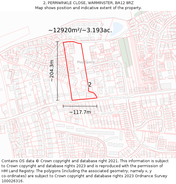 2, PERRIWINKLE CLOSE, WARMINSTER, BA12 8RZ: Plot and title map