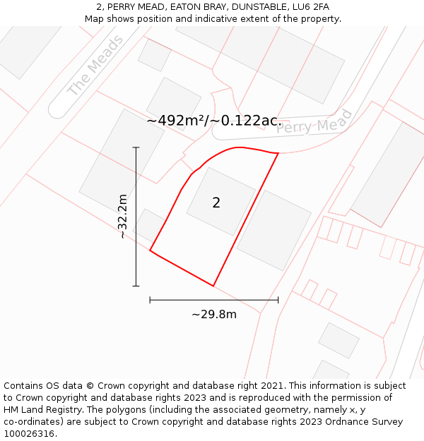 2, PERRY MEAD, EATON BRAY, DUNSTABLE, LU6 2FA: Plot and title map