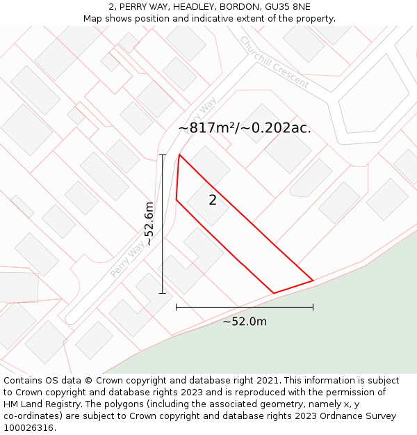 2, PERRY WAY, HEADLEY, BORDON, GU35 8NE: Plot and title map