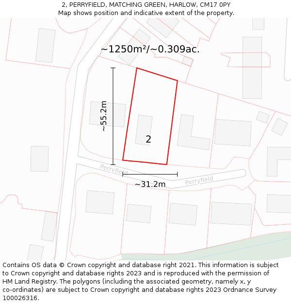 2, PERRYFIELD, MATCHING GREEN, HARLOW, CM17 0PY: Plot and title map
