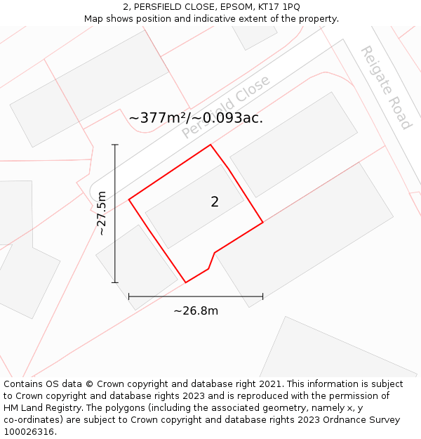 2, PERSFIELD CLOSE, EPSOM, KT17 1PQ: Plot and title map