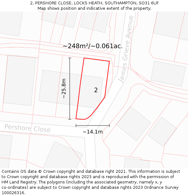 2, PERSHORE CLOSE, LOCKS HEATH, SOUTHAMPTON, SO31 6UF: Plot and title map