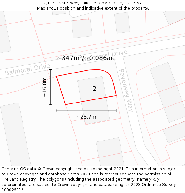 2, PEVENSEY WAY, FRIMLEY, CAMBERLEY, GU16 9YJ: Plot and title map