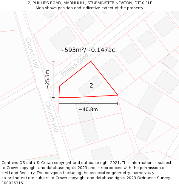 2, PHILLIPS ROAD, MARNHULL, STURMINSTER NEWTON, DT10 1LF: Plot and title map