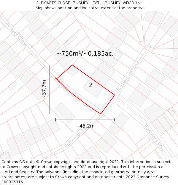 2, PICKETS CLOSE, BUSHEY HEATH, BUSHEY, WD23 1NL: Plot and title map