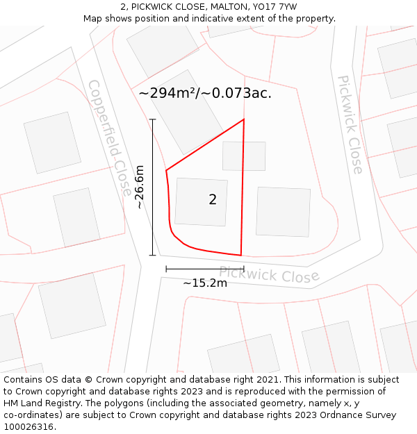 2, PICKWICK CLOSE, MALTON, YO17 7YW: Plot and title map