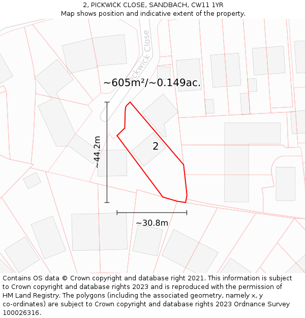 2, PICKWICK CLOSE, SANDBACH, CW11 1YR: Plot and title map