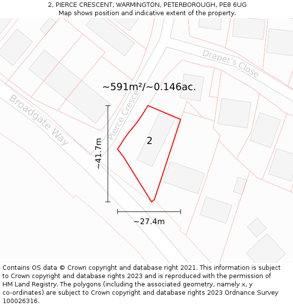 2, PIERCE CRESCENT, WARMINGTON, PETERBOROUGH, PE8 6UG: Plot and title map