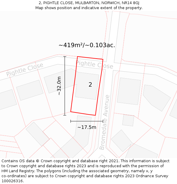 2, PIGHTLE CLOSE, MULBARTON, NORWICH, NR14 8GJ: Plot and title map