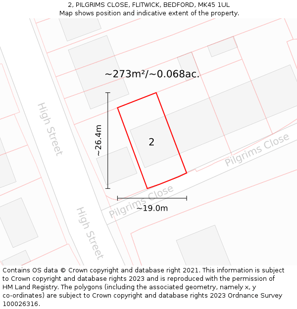 2, PILGRIMS CLOSE, FLITWICK, BEDFORD, MK45 1UL: Plot and title map