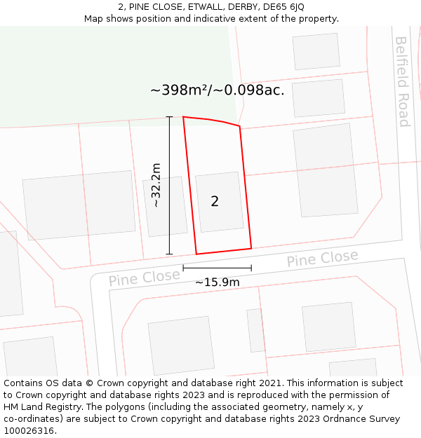 2, PINE CLOSE, ETWALL, DERBY, DE65 6JQ: Plot and title map