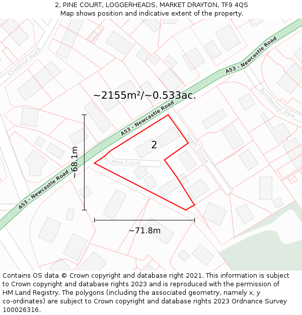 2, PINE COURT, LOGGERHEADS, MARKET DRAYTON, TF9 4QS: Plot and title map
