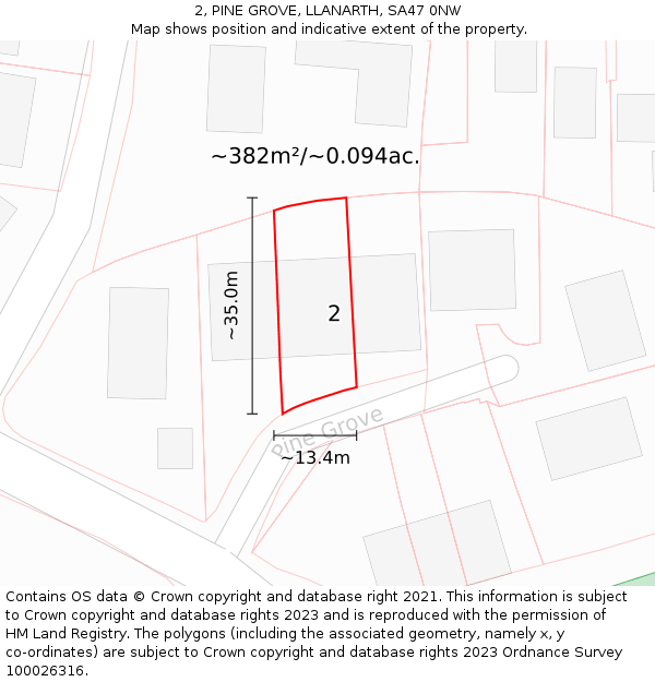 2, PINE GROVE, LLANARTH, SA47 0NW: Plot and title map